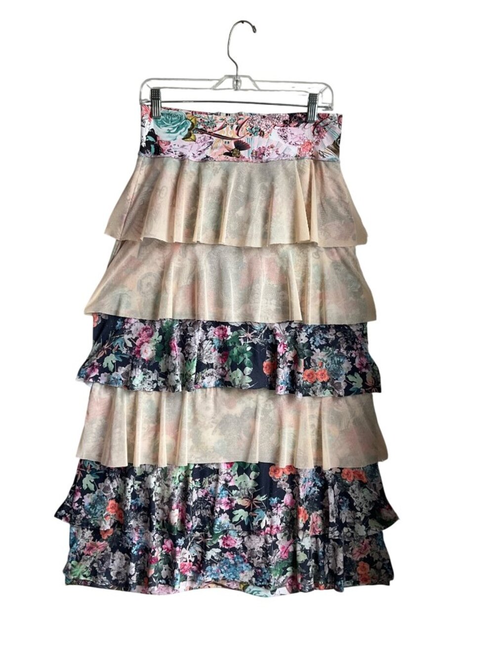 Agua Bendita 6 Tiered Floral Ruffle Maxi Skirt Lace waist Boho Whimsical - Picture 3 of 15
